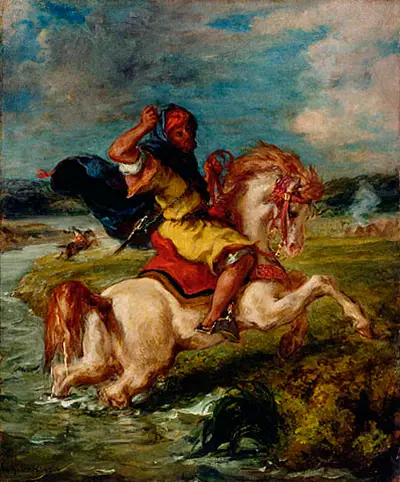 Moroccan Horseman Crossing a Ford Eugene Delacroix